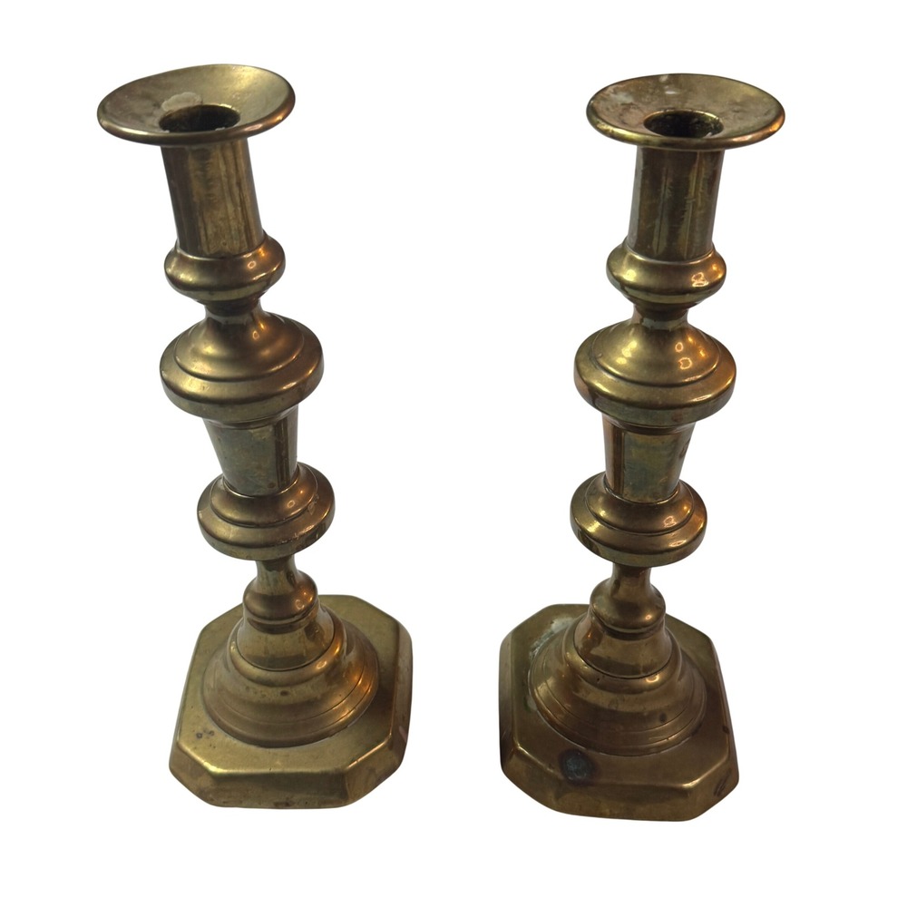 Vintage Brass Candlestick Holders Mid Century Home 9in Octagonal Regency Set 2